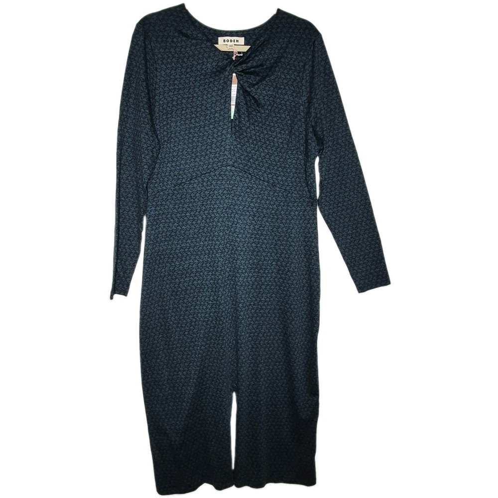 Boden Empire Knot Midi Jersey Dress Blue Green Long Sleeve Sz 14